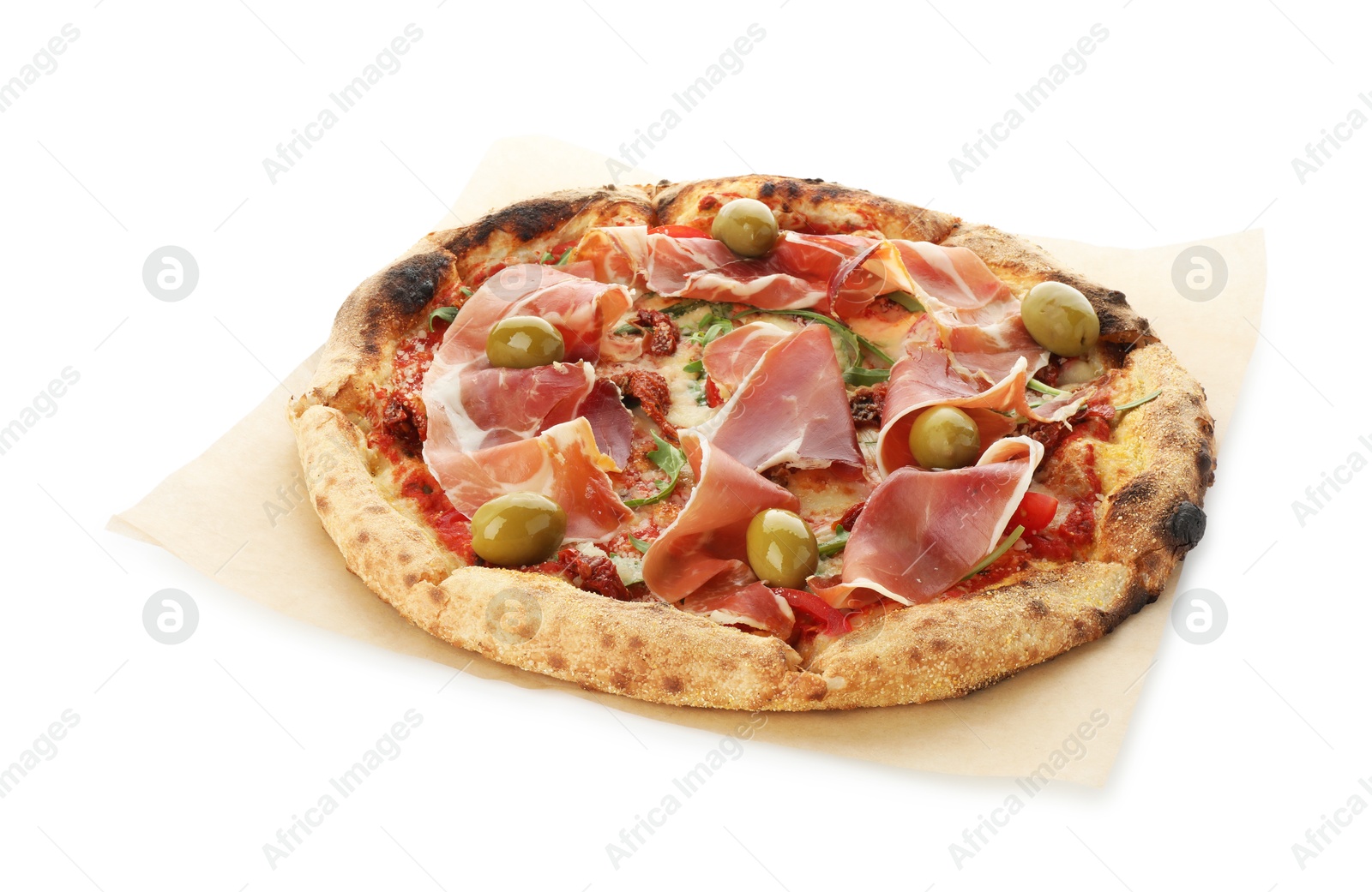 Photo of Tasty pizza with cured ham, olives and sun-dried tomato isolated on white