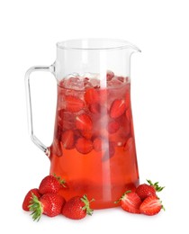 Photo of Tasty strawberry lemonade in jug and berries isolated on white