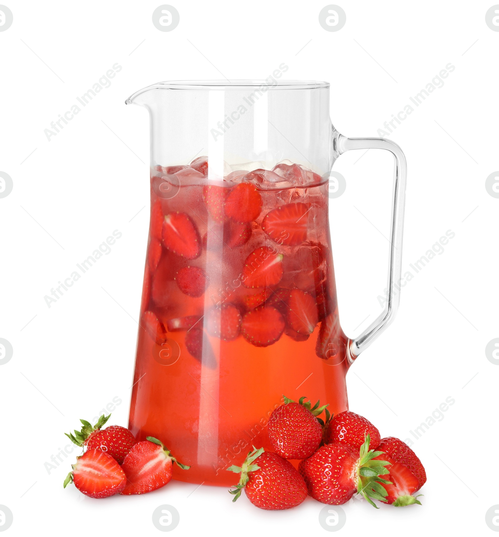 Photo of Tasty strawberry lemonade in jug and berries isolated on white