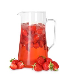 Tasty strawberry lemonade in jug and berries isolated on white