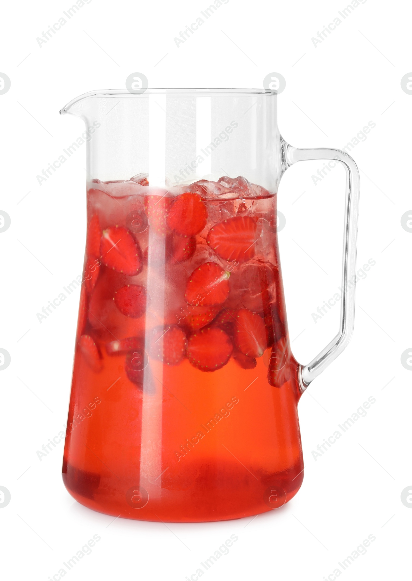 Photo of Tasty strawberry lemonade in jug isolated on white