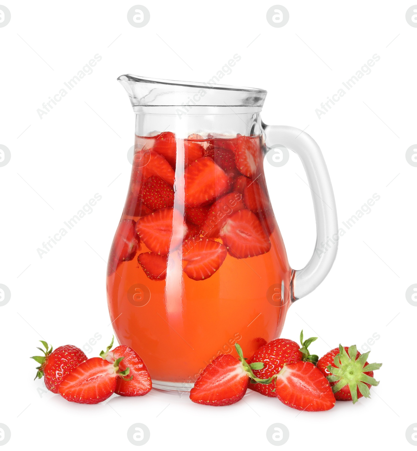 Photo of Tasty strawberry lemonade in jug and berries isolated on white