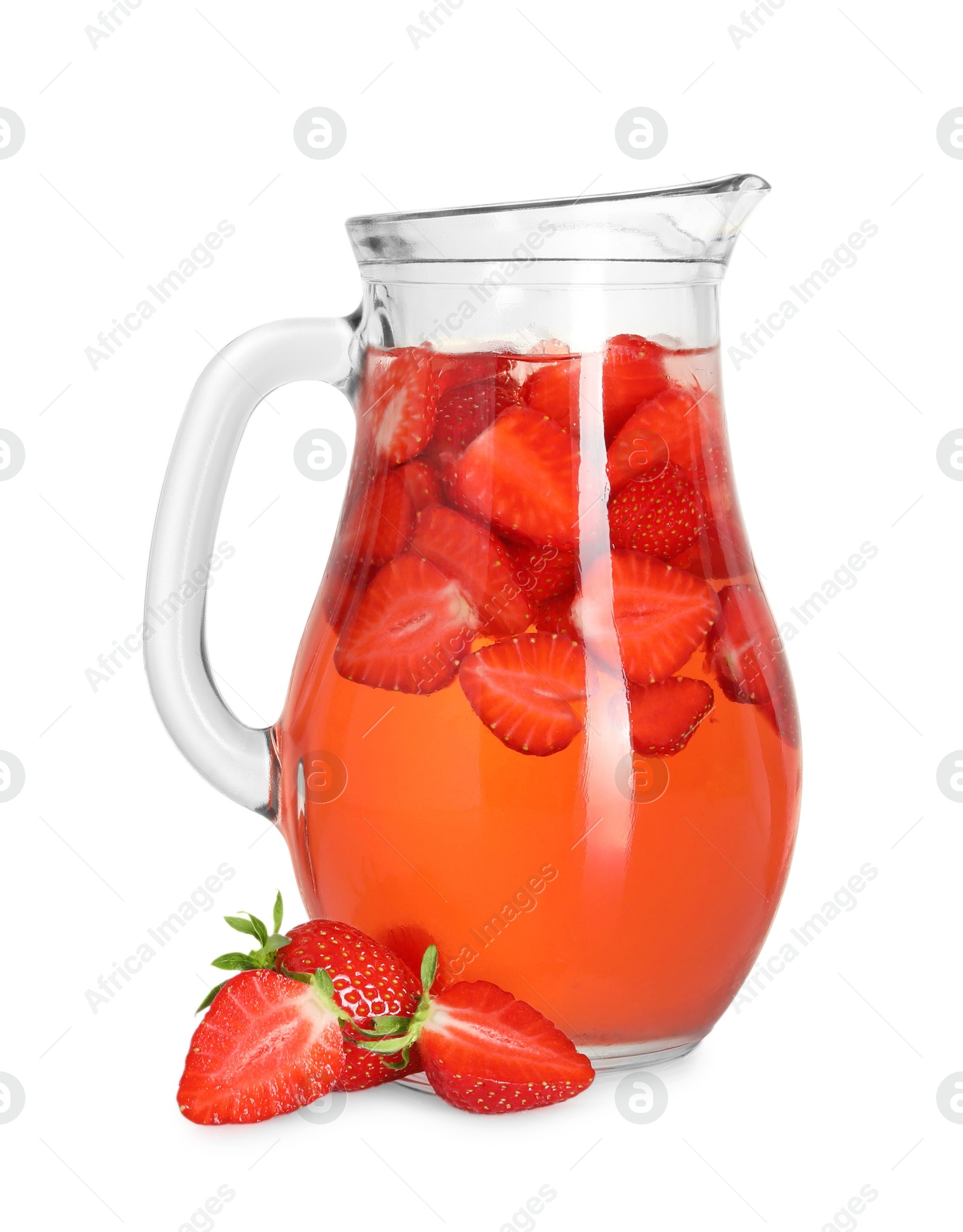 Photo of Tasty strawberry lemonade in jug and berries isolated on white