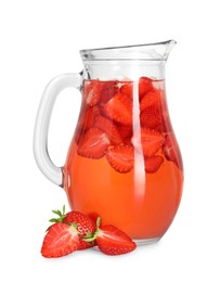 Tasty strawberry lemonade in jug and berries isolated on white