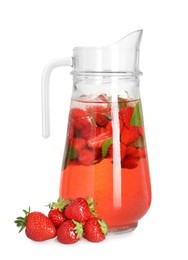 Photo of Tasty strawberry lemonade with mint in jug and berries isolated on white