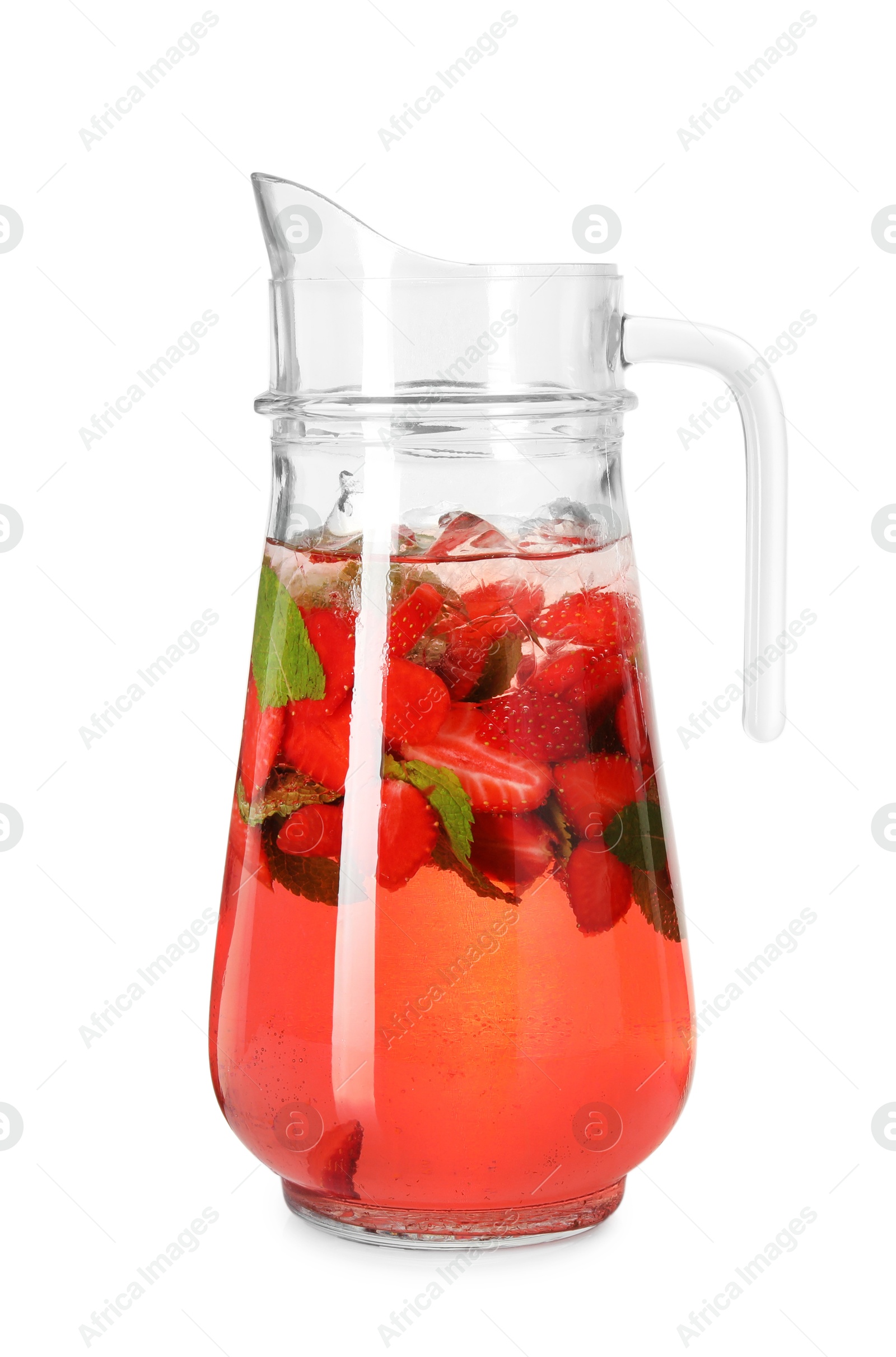 Photo of Tasty strawberry lemonade with mint in jug isolated on white