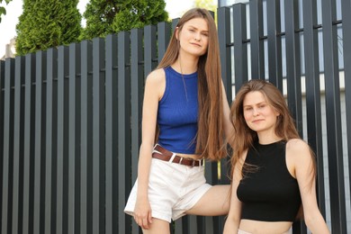 Two beautiful twin sisters in near metal fence outdoors, space for text