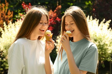 Two beautiful twin sisters eating ice cream in park