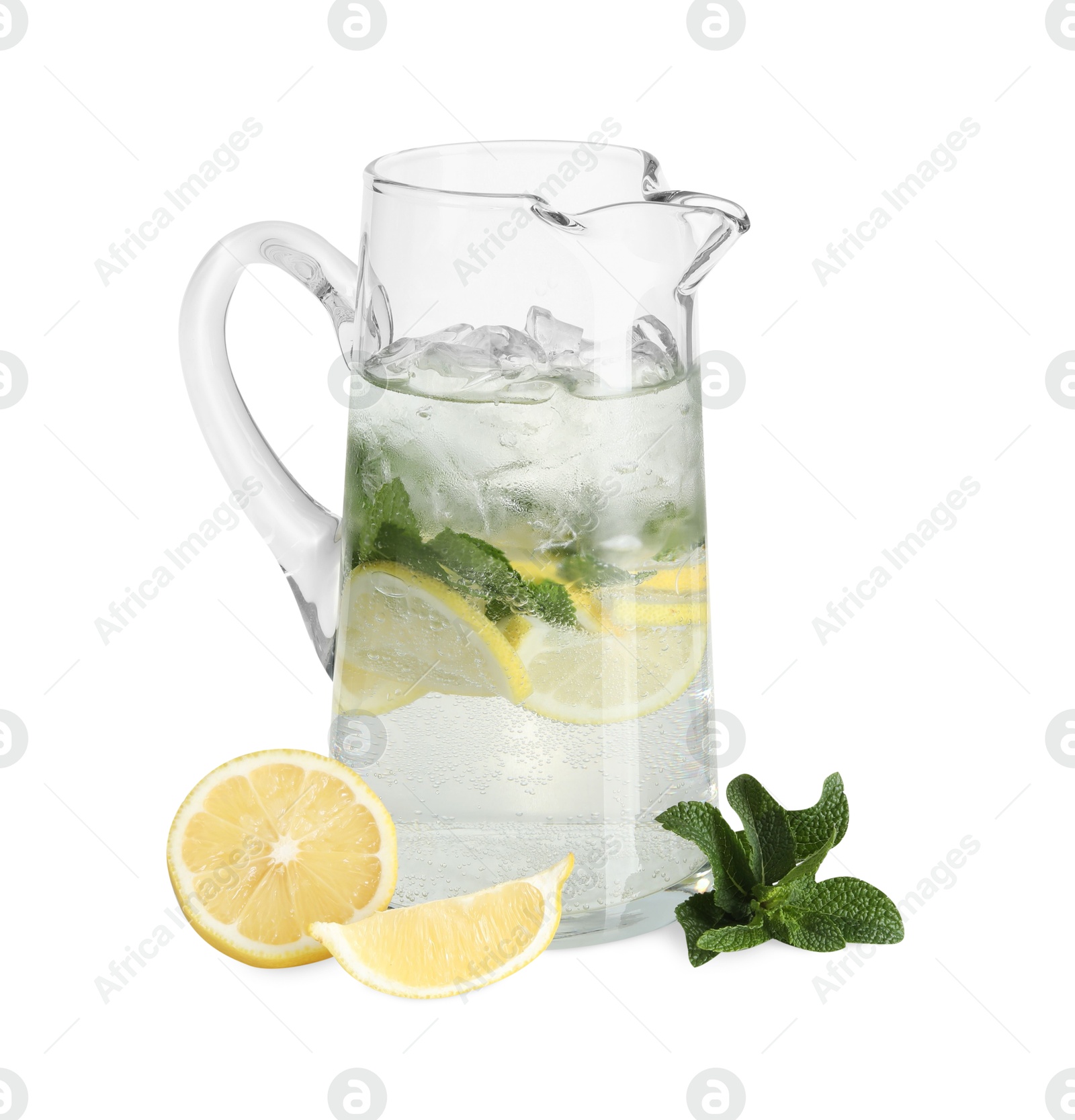 Photo of Refreshing lemonade with mint in jug and ingredients isolated on white