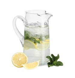 Photo of Refreshing lemonade with mint in jug and ingredients isolated on white