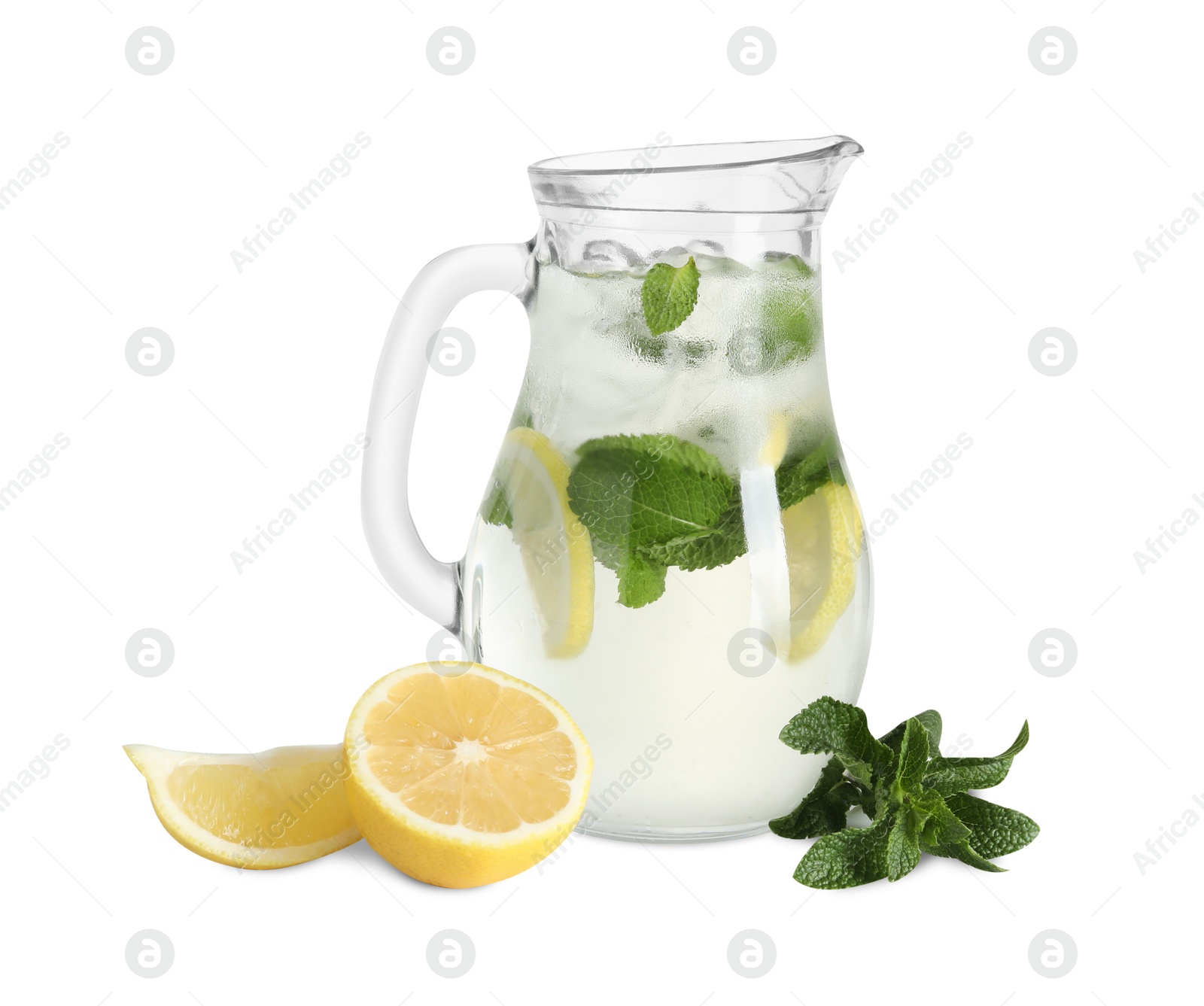 Photo of Refreshing lemonade with mint in jug and ingredients isolated on white