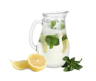 Refreshing lemonade with mint in jug and ingredients isolated on white