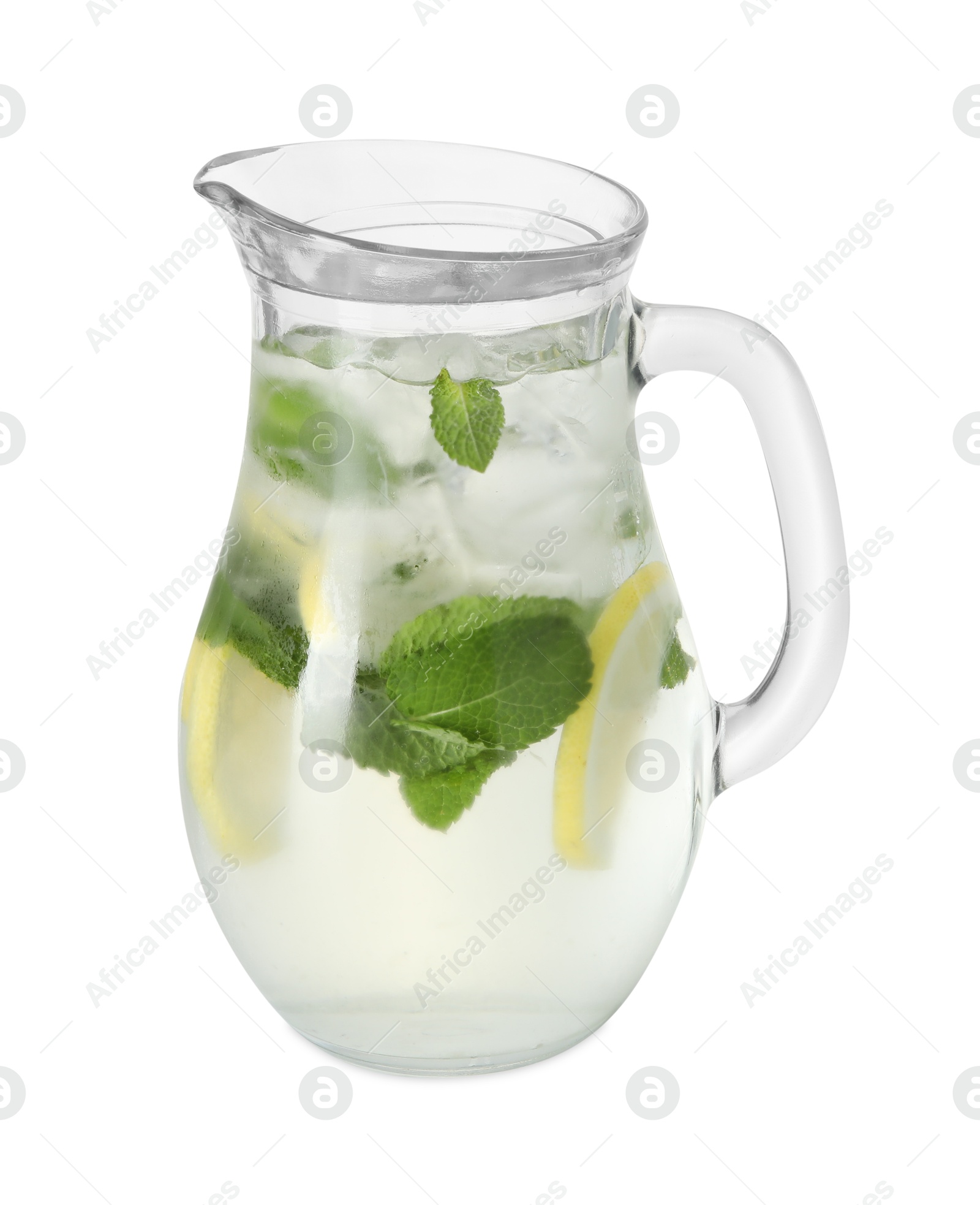 Photo of Refreshing lemonade with mint in jug isolated on white