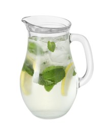 Photo of Refreshing lemonade with mint in jug isolated on white