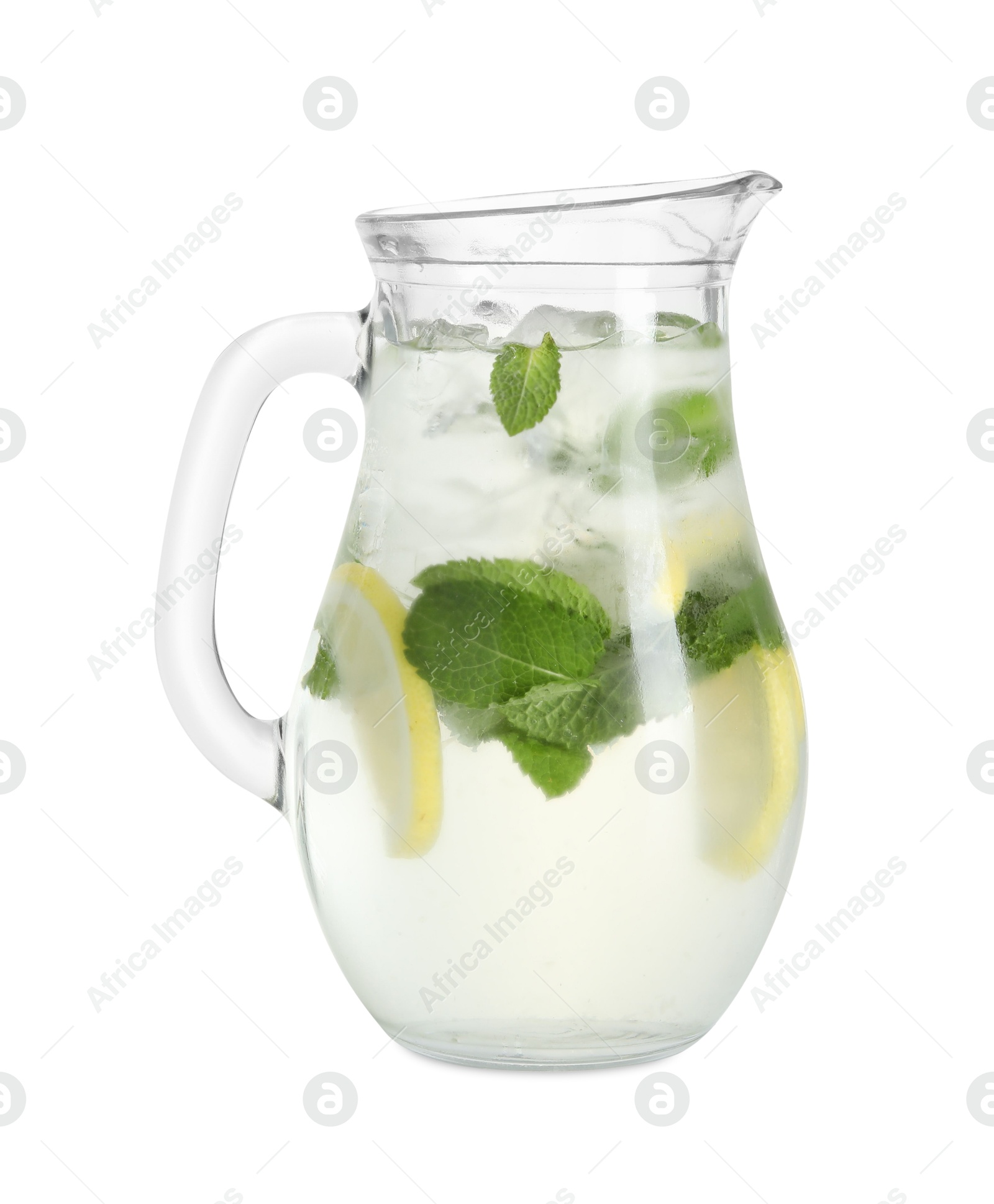 Photo of Refreshing lemonade with mint in jug isolated on white