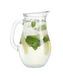 Photo of Refreshing lemonade with mint in jug isolated on white