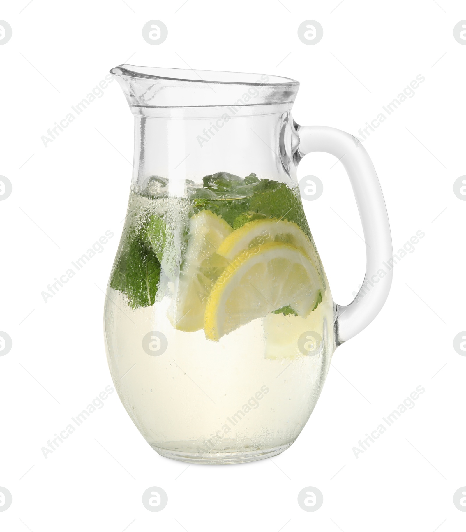 Photo of Refreshing lemonade with mint in jug isolated on white