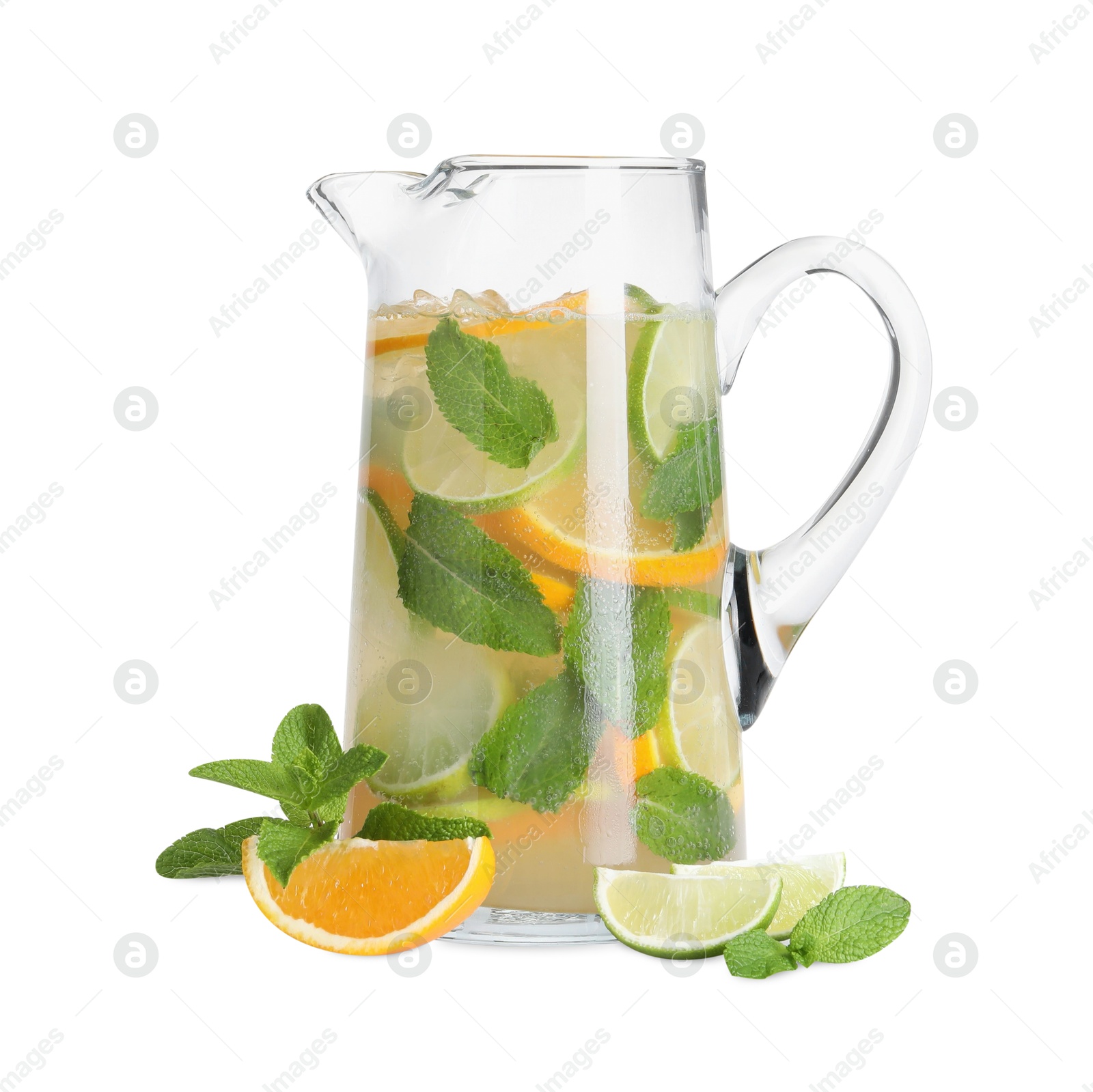 Photo of Freshly made lemonade with oranges, lime and mint isolated on white