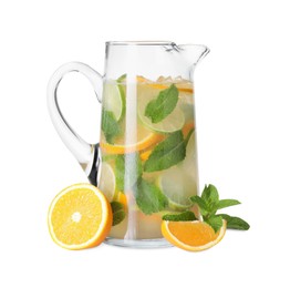 Freshly made lemonade with oranges, lime and mint isolated on white