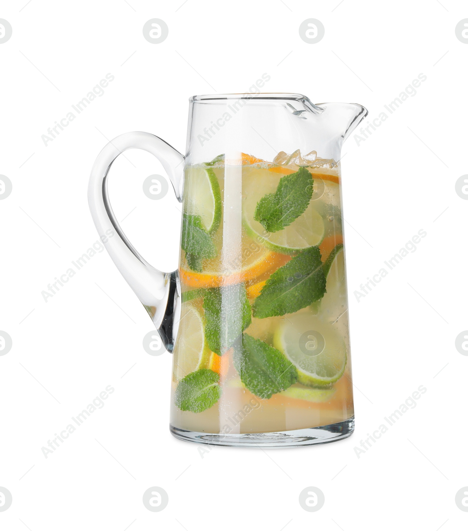 Photo of Freshly made lemonade with oranges, lime and mint isolated on white