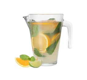 Freshly made lemonade with oranges, lime and mint isolated on white