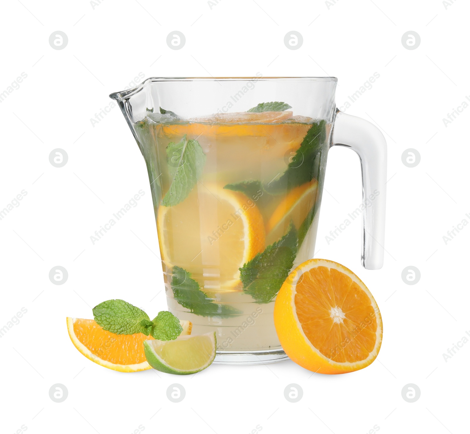 Photo of Freshly made lemonade with oranges, lime and mint isolated on white