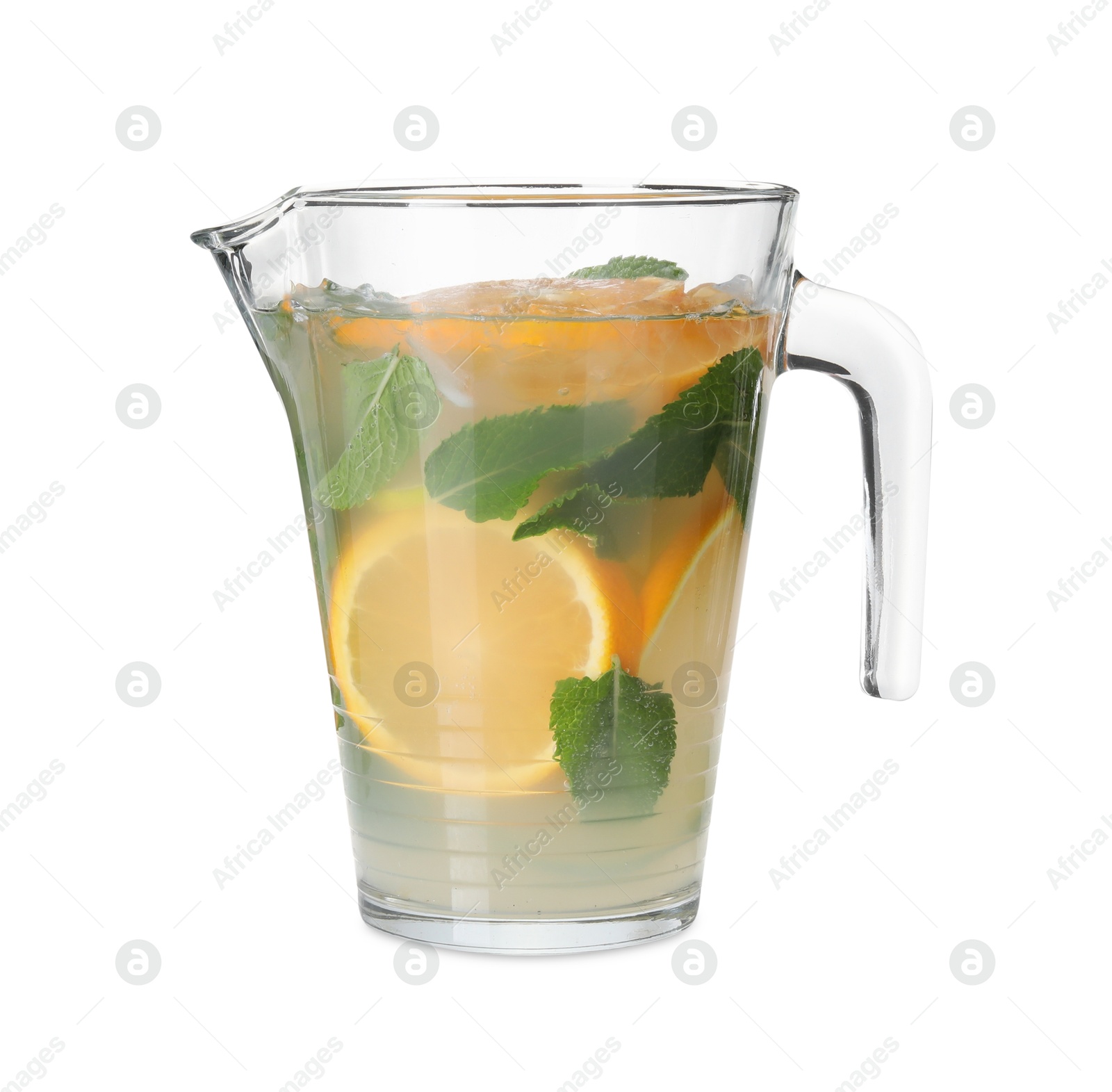 Photo of Freshly made lemonade with oranges and mint isolated on white