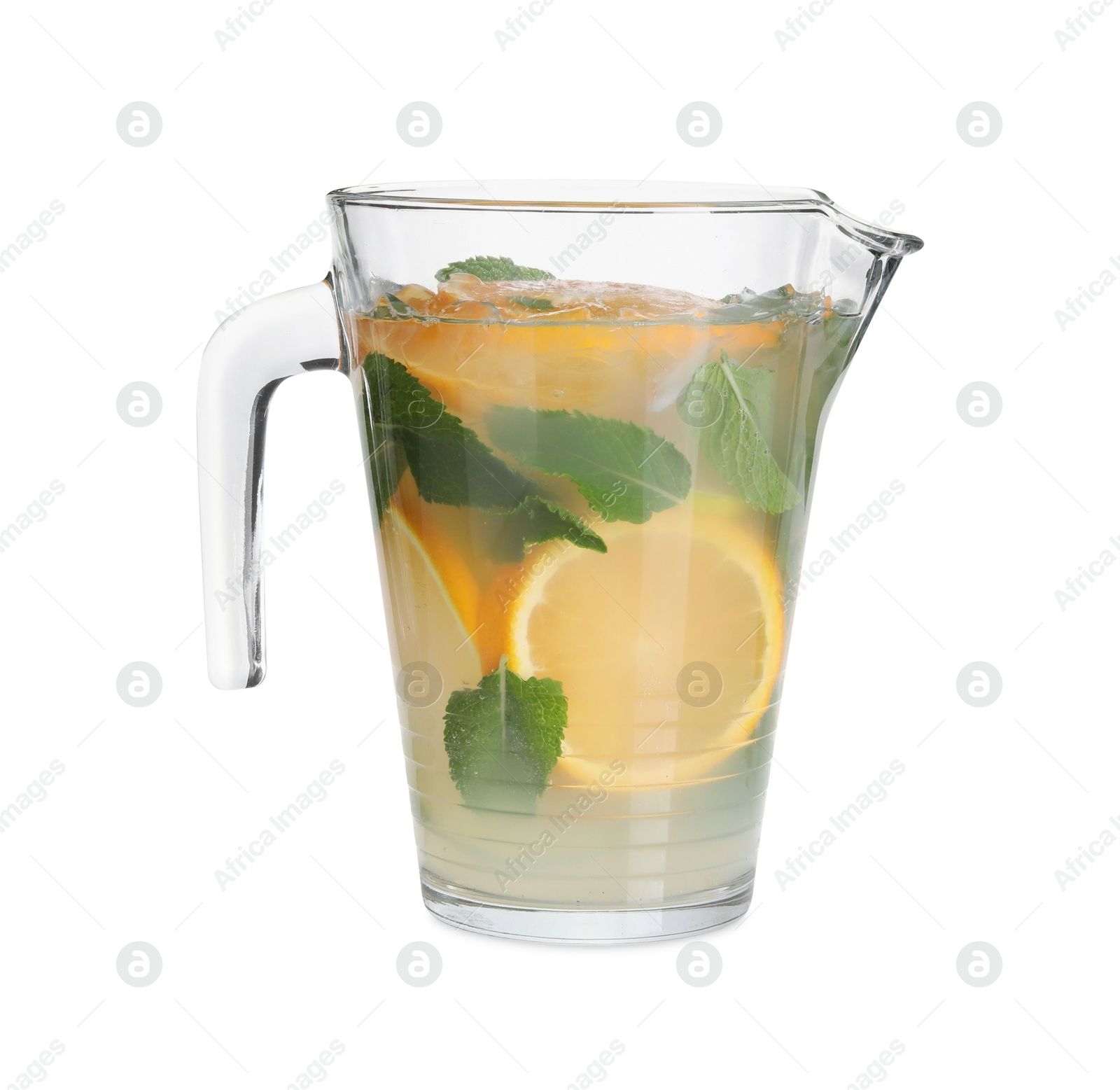 Photo of Freshly made lemonade with oranges and mint isolated on white