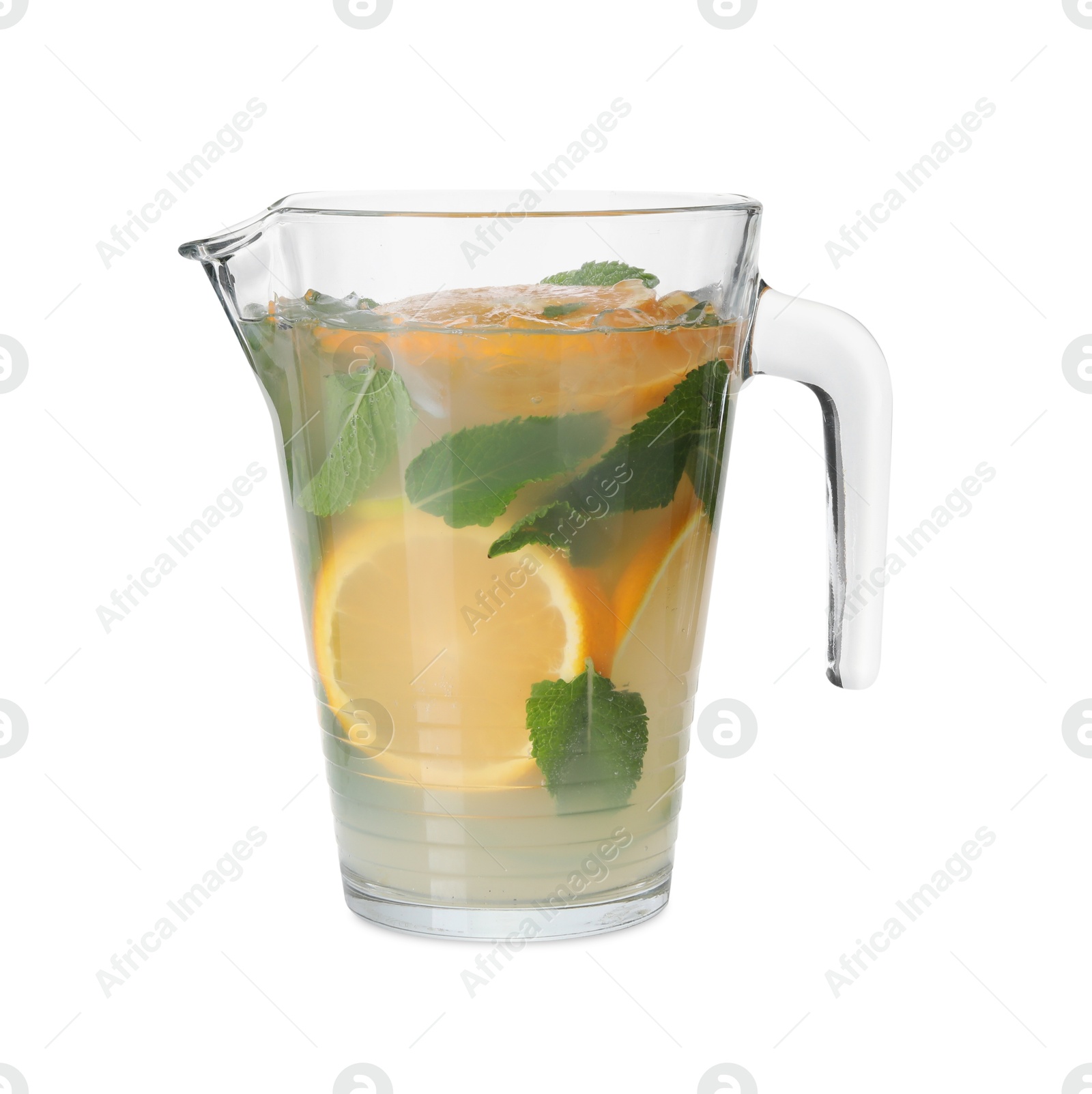 Photo of Freshly made lemonade with oranges and mint isolated on white