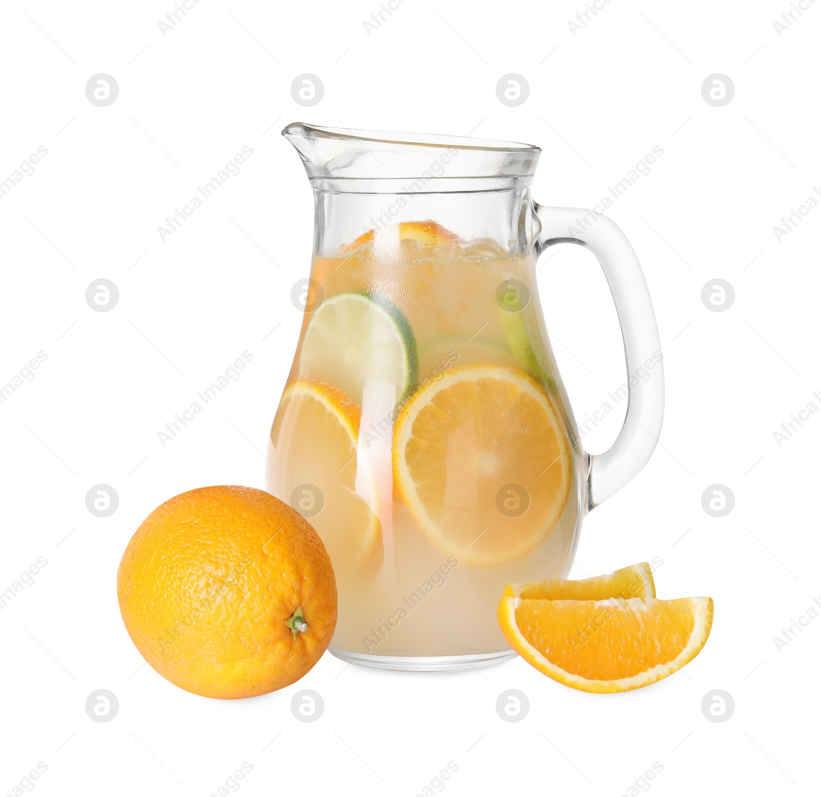 Photo of Freshly made lemonade with oranges and lime isolated on white