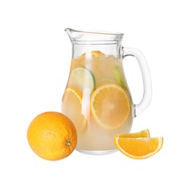 Freshly made lemonade with oranges and lime isolated on white