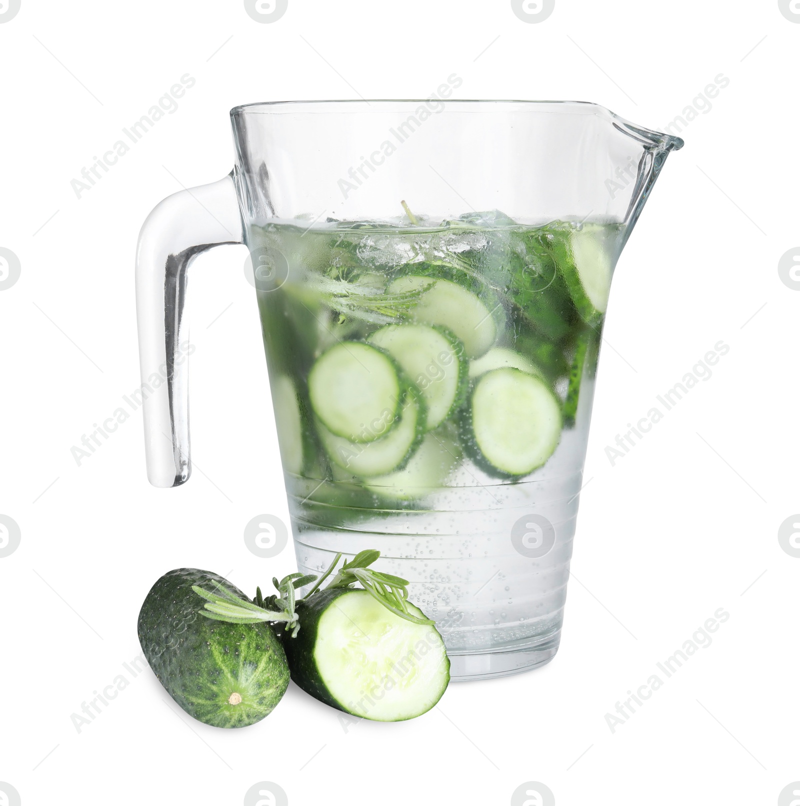 Photo of Refreshing cucumber water with rosemary in jug and vegetables isolated on white