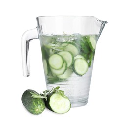 Photo of Refreshing cucumber water with rosemary in jug and vegetables isolated on white