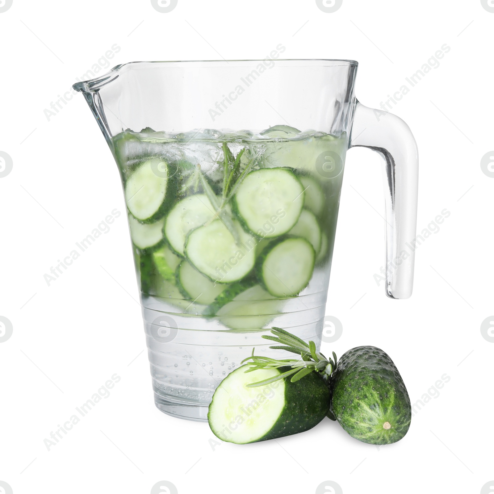 Photo of Refreshing cucumber water with rosemary in jug and vegetables isolated on white