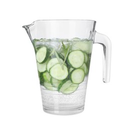 Photo of Refreshing cucumber water with rosemary in jug isolated on white