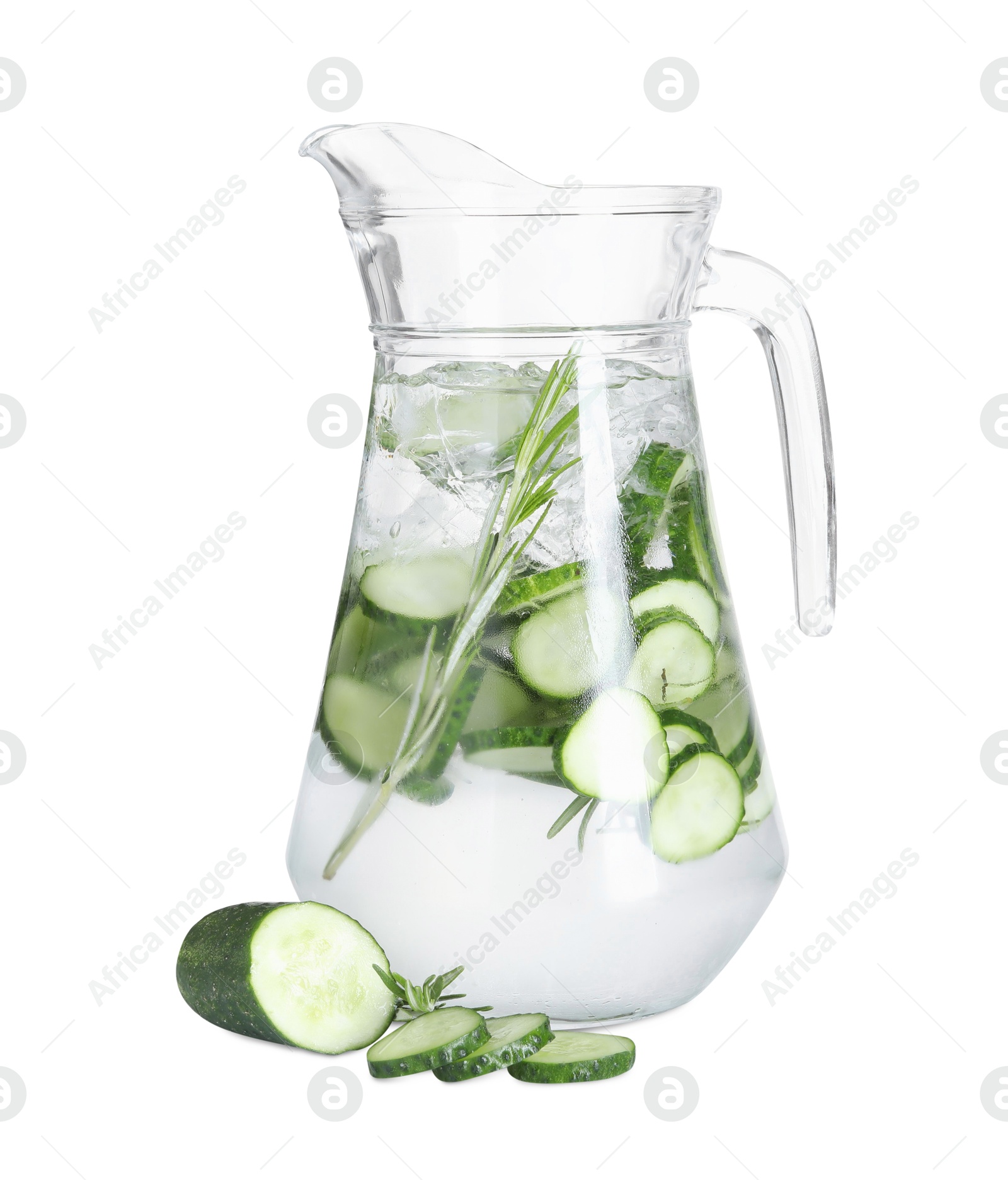 Photo of Refreshing cucumber water with rosemary in jug and vegetables isolated on white