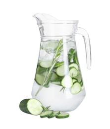 Refreshing cucumber water with rosemary in jug and vegetables isolated on white