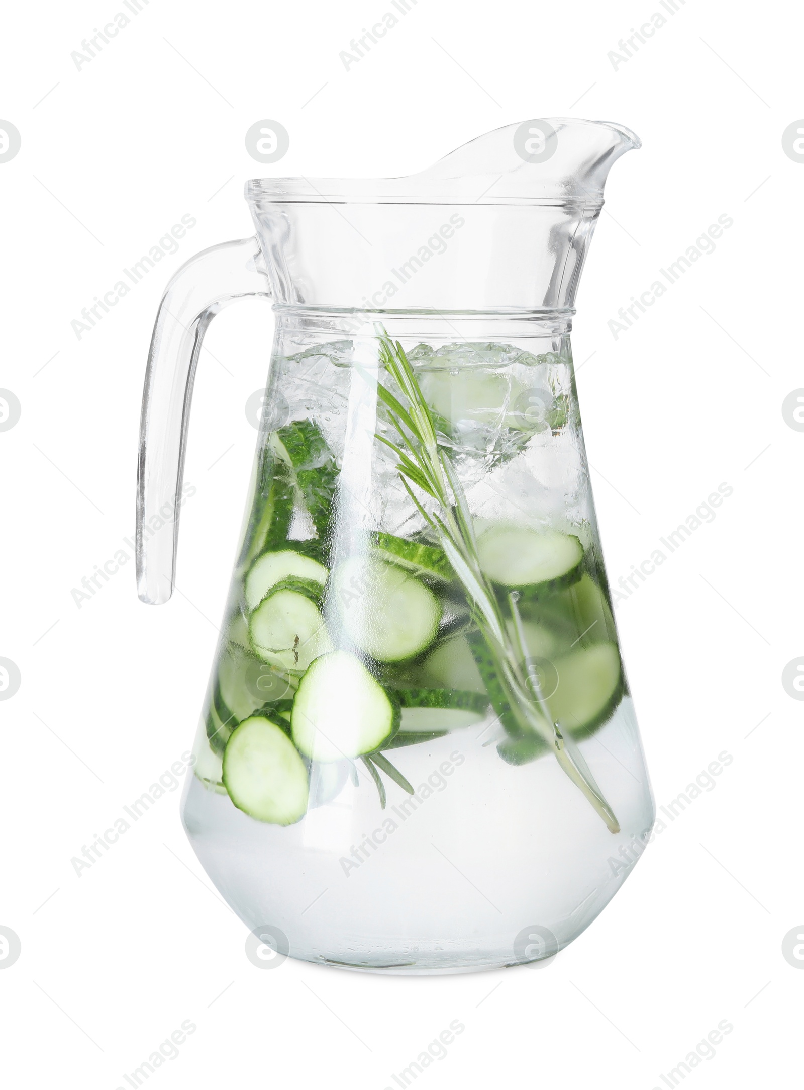 Photo of Refreshing cucumber water with rosemary in jug isolated on white