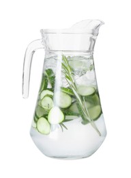 Refreshing cucumber water with rosemary in jug isolated on white