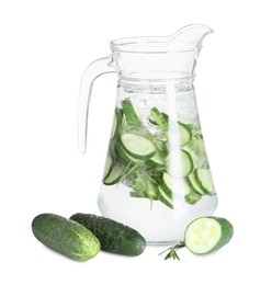 Photo of Refreshing cucumber water with rosemary in jug and vegetables isolated on white