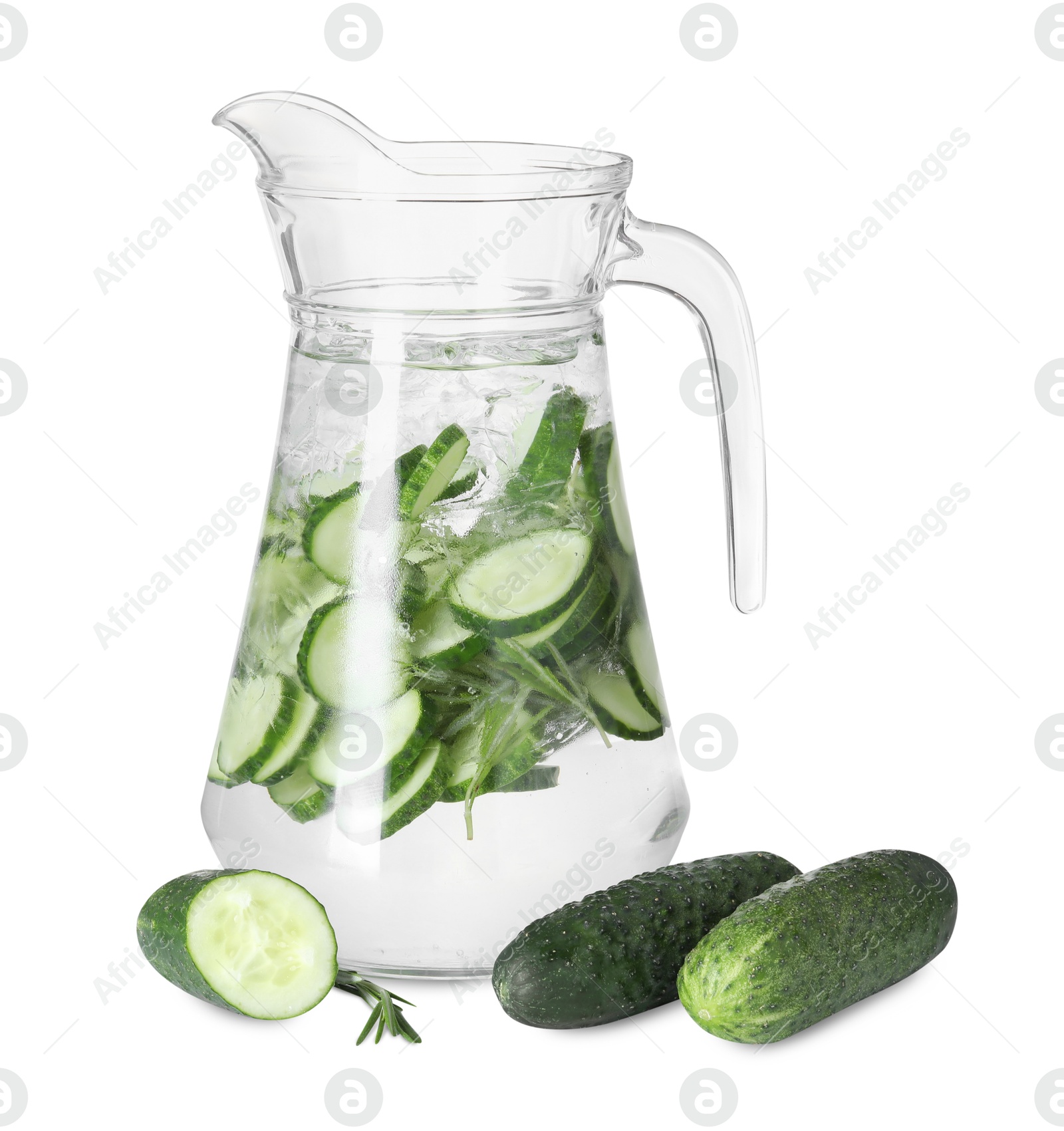 Photo of Refreshing cucumber water with rosemary in jug and vegetables isolated on white