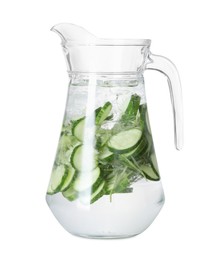 Refreshing cucumber water with rosemary in jug isolated on white