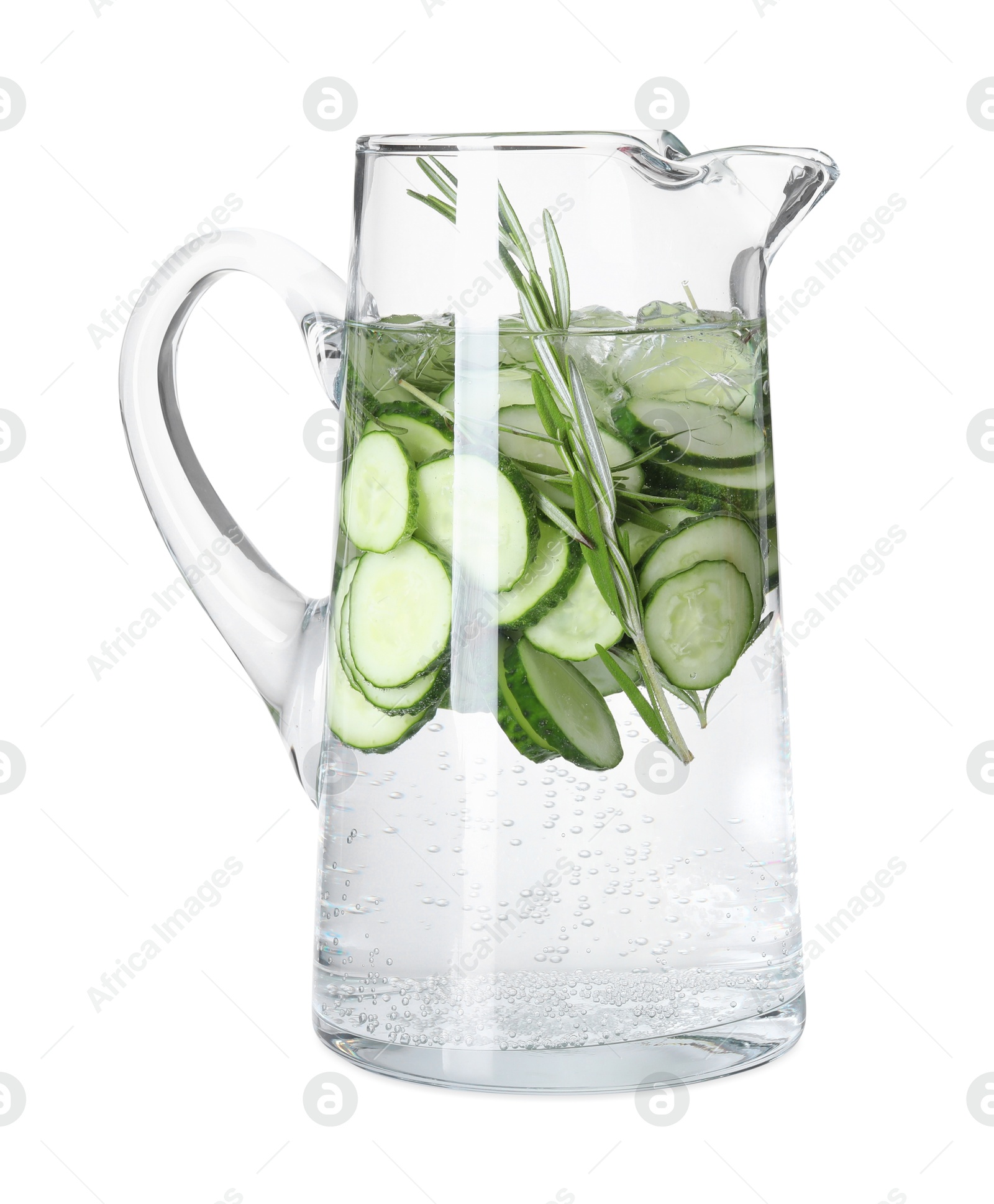 Photo of Refreshing cucumber water with rosemary in jug isolated on white