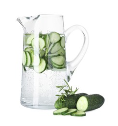 Refreshing cucumber water with rosemary in jug and vegetables isolated on white