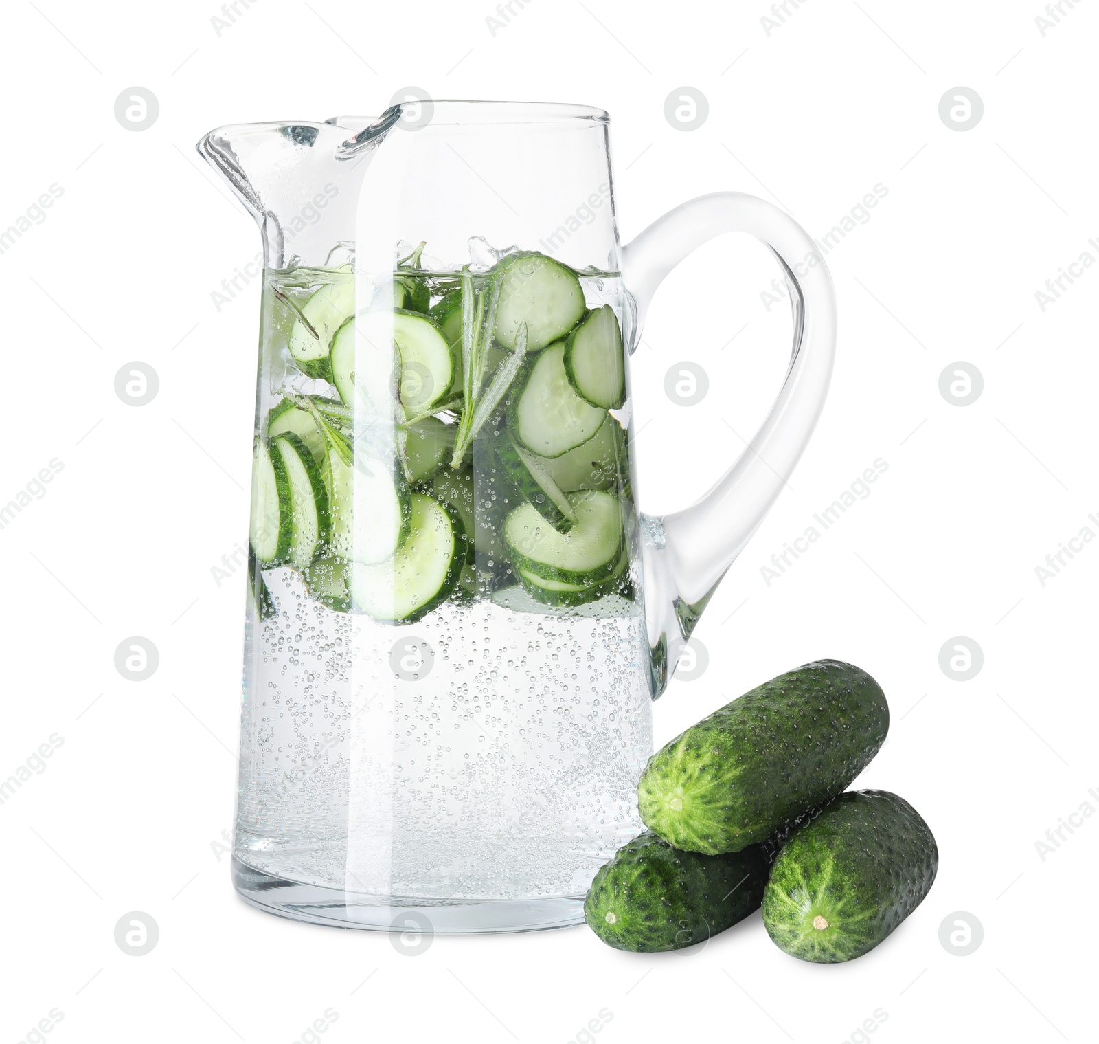 Photo of Refreshing cucumber water with rosemary in jug and vegetables isolated on white