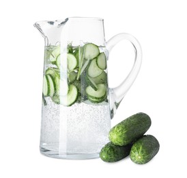 Refreshing cucumber water with rosemary in jug and vegetables isolated on white