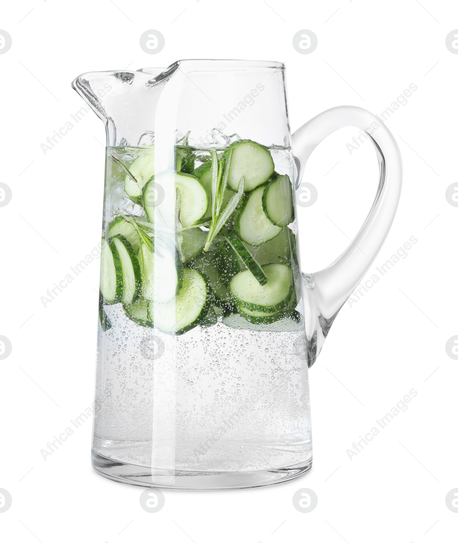 Photo of Refreshing cucumber water with rosemary in jug isolated on white