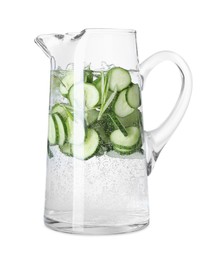 Refreshing cucumber water with rosemary in jug isolated on white