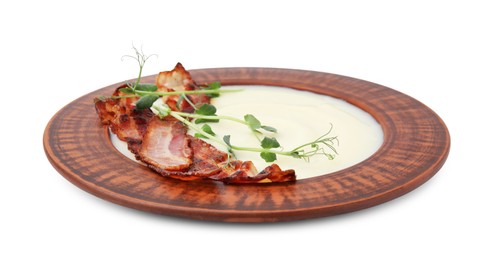 Photo of Delicious potato soup with bacon and microgreens in bowl isolated on white