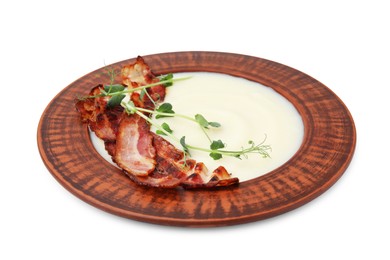 Photo of Delicious potato soup with bacon and microgreens in bowl isolated on white